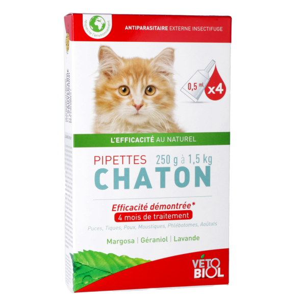 Anti-puces naturel chaton 250g à 1,5kg Vétobiol - 4 pipettes