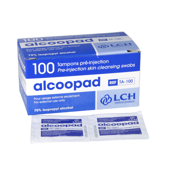 Tampons Alcoopad Compresses d'alcool à 70° Désinfection LCH - boite de 100 tampons