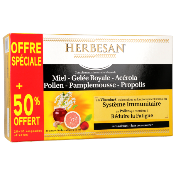 Herbesan système immunitaire et fatigue offre spéciale 50% offert Super Diet - 30 Ampoules