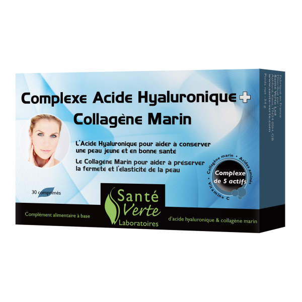 Acide hyaluronique + Collagène marin Origine naturelle Vit C Peau et cheveux Santé Verte - 30 Comprimés