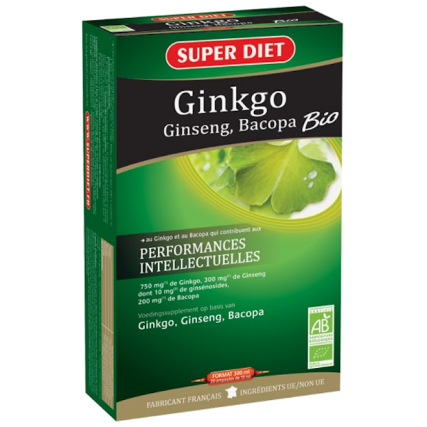 Ginkgo Ginseng Bacopa Bio Performances Intellectuelles Super Diet - 20 Ampoules
