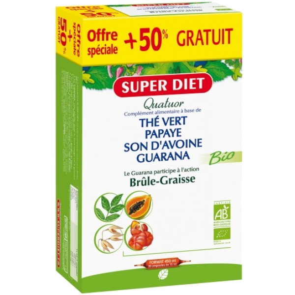 Quatuor Brûle-Graisse Bio Offre spéciale +50% gratuit Super Diet - 30 Ampoules