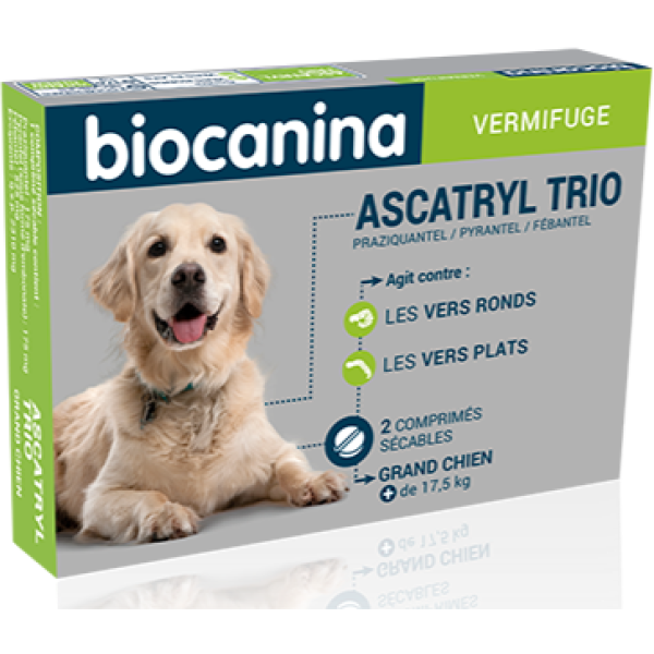 Vermifuges Ascatryl Trio Chiens plus de 35 kg Biocanina - 2 comprimés