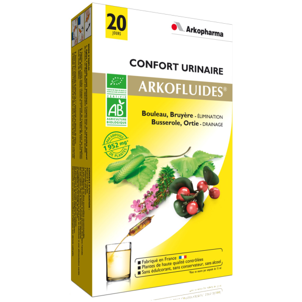 Arkofluides Confort Urinaire Ortie Bruyère Busserole sans alcool Arkopharma - 20 ampoules